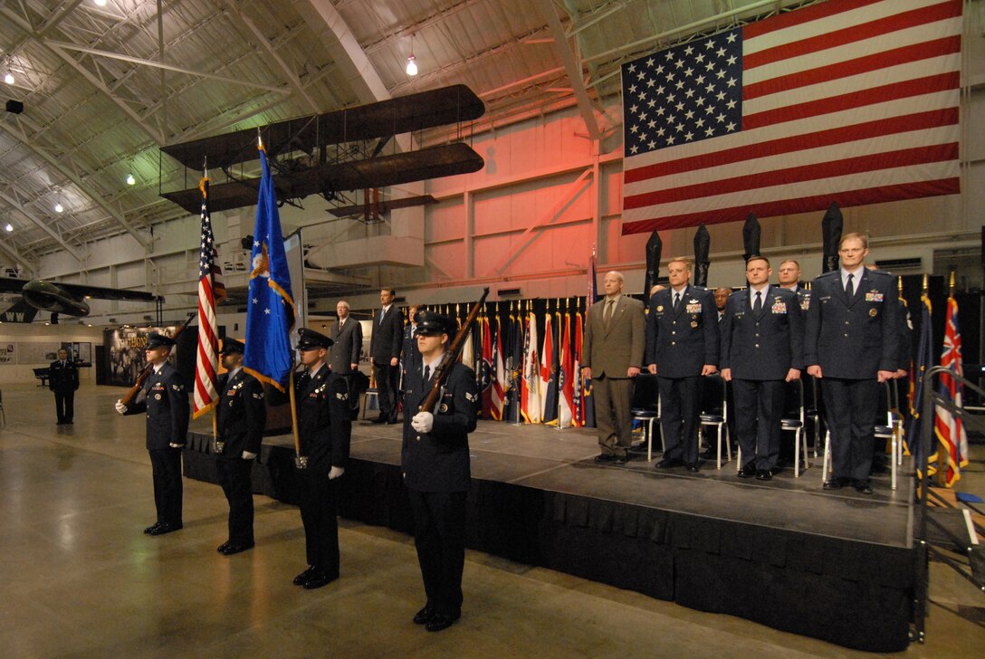 DAYTON, Ohio -- The National Air and Space Intelligence Center Honor Guard, post the colors during the NASIC Group and Squadron Activation Ceremony on 15 April at the National Museum of the U.S. Air Force. In one ceremony, NASIC stood up 4 Groups and 17 Squadrons. NASIC is located at Wright-Patterson AFB, Ohio and prides itself as being the source for air and space intelligence.
(U.S. Air Force Photo/Staff Sgt James Seymore)