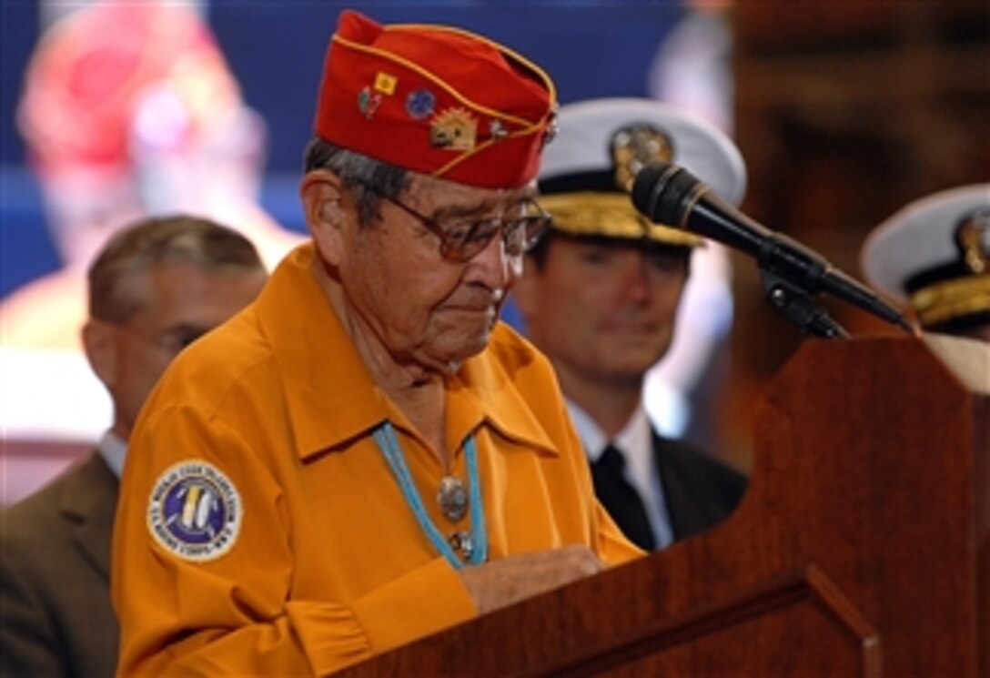 Frank Chee Willetto, a World War II Navajo Code Talker, gives a Navajo blessing for the Virginia-class fast-attack submarine PCU New Mexico during the keel authentication ceremony at a Newport News, Va., shipyard, April 12, 2008.  The ceremony marks the near completion of the submarine.  