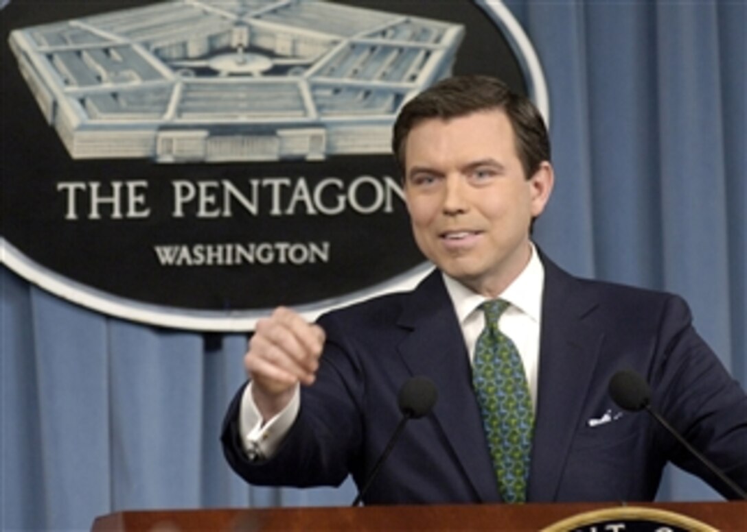 Pentagon Press Secretary Geoff Morrell calls on a reporter during a Defense Department briefing at the Pentagon, April 15, 2008.  