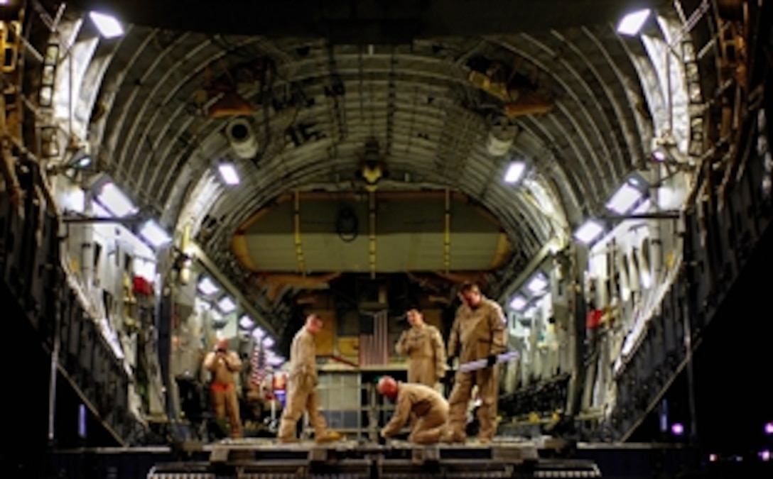 U.S. Air Force airmen prepare a C-17 Globemaster III aircraft on Bagram Air Base, Afghanistan, April 13, 2008, to drop 40 bundles of humanitarian supplies using a joint precision airdrop delivery system. The airmen are assigned to the 816th Expeditionary Airlift Squadron in Southwest Asia.