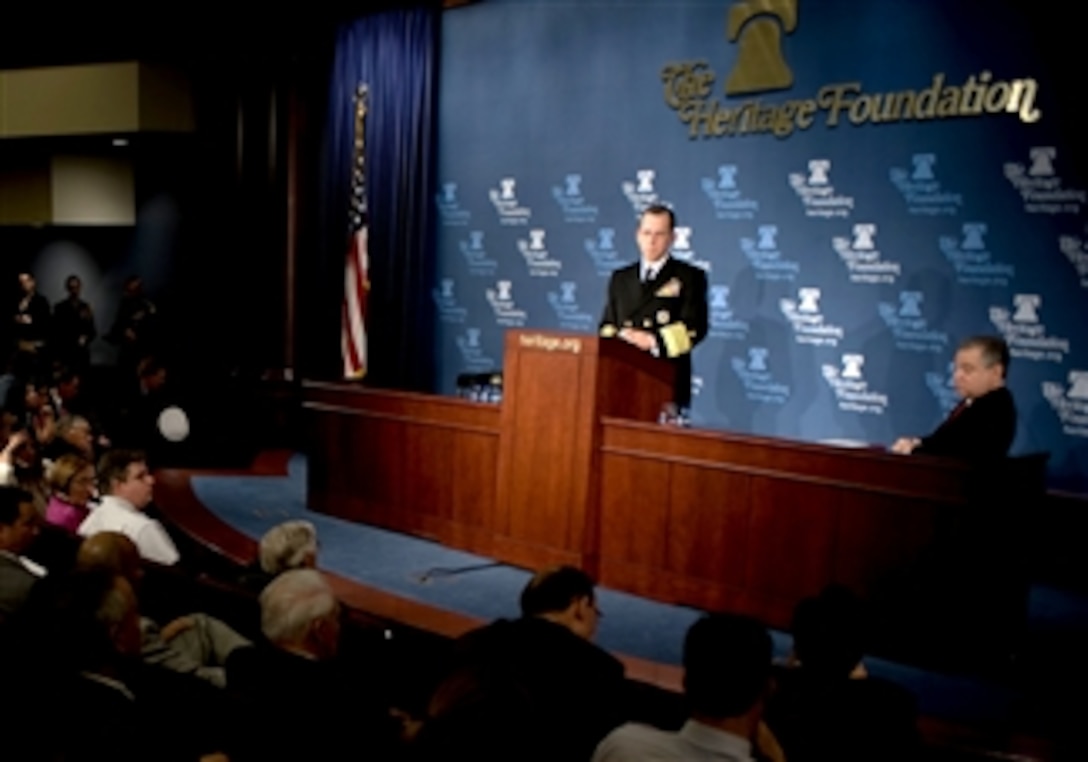 U.S. Navy Adm. Mike Mullen, chairman of the Joint Chiefs of Staff, speaks at the Heritage Foundation, Washington, D.C., April 15, 2008. Mullen discussed various aspects of his job at the policy institute. 