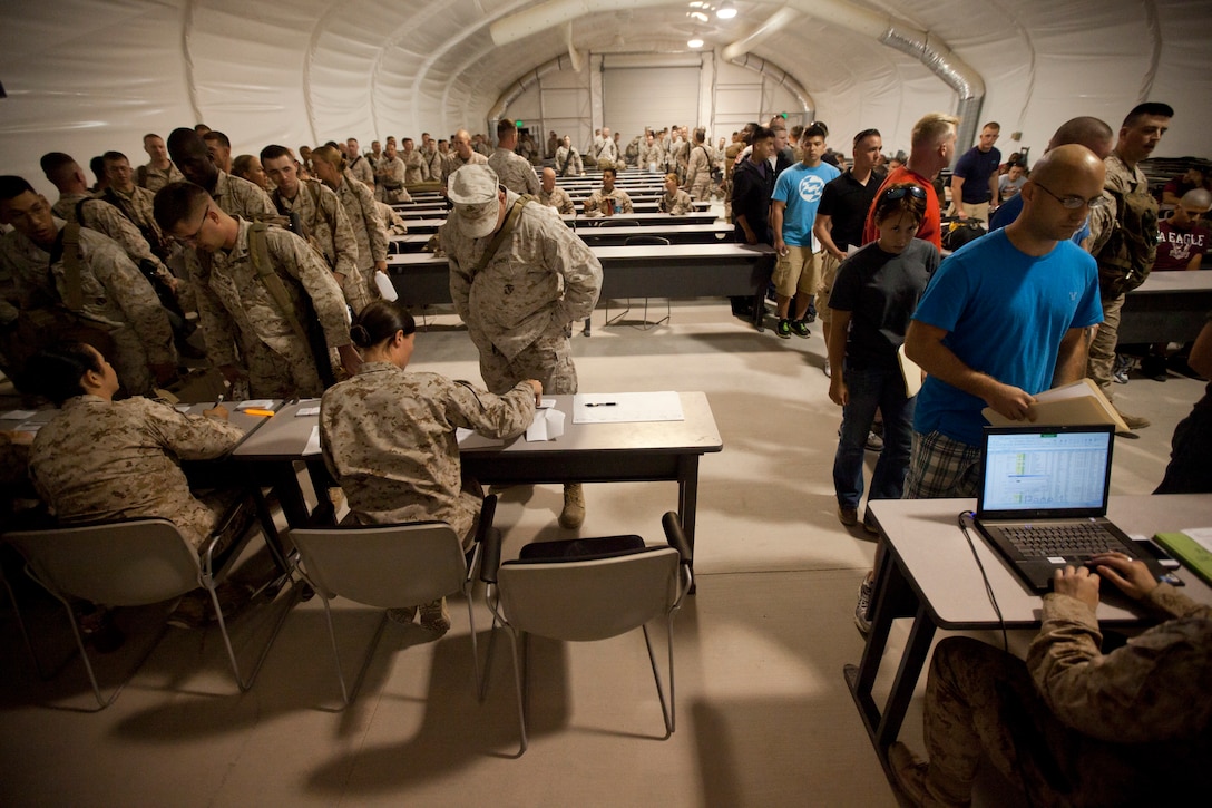 Members of the 1st Marine Expeditionary Brigade along with various reserve Marines and Sailors check into exercise Javelin Thrust at the Joint Reception Center of Camp Wilson July 5, 2012. Javelin Thrust is an annual large-scale exercise here which allows active and reserve Marines and sailors from 38 different states to train together as a seamless Marine Air Ground Task Force.