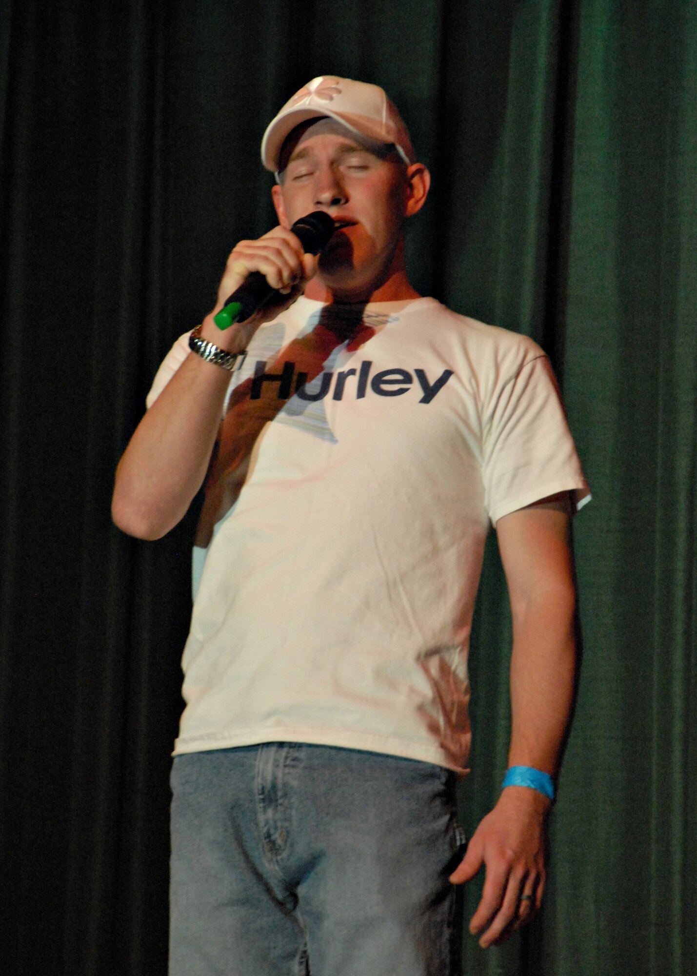 MISAWA AIR BASE, Japan -- Simon Walters sings "Bigger Than My Body" by John Mayer during the first round of Misawa Idol here April 5, 2008. Unfortunately, the judges did not think his performance was good enough to advance him to the next round. (U.S. Air Force photo by Tech. Sgt. Russell McBride)