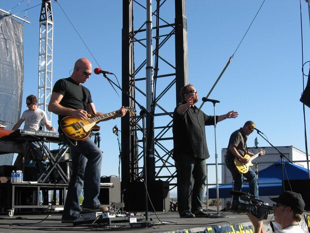 NELLIS AIR FORCE BASE, Nev. – Jim Bryson, Barry Graul, Bart Millard and Mike Scheuchzer, of Christian band MercyMe, perform at the “In Step” Festival here April 11.  The festival, attracting approximately 2,500 Airmen, family members and local church group members, also featured comedian Bob Smiley and musician Todd Agnew. (courtesy photo)