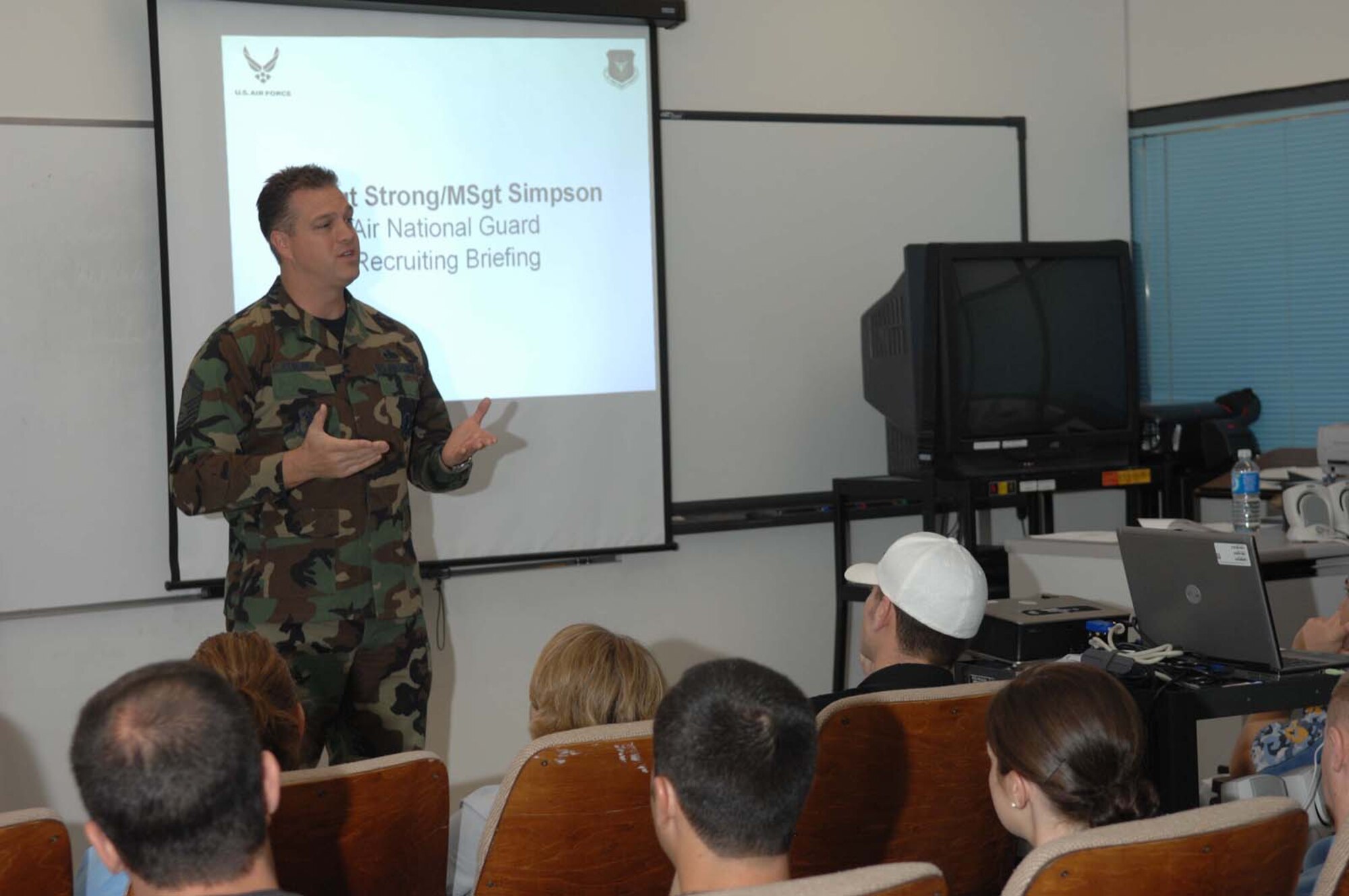 NELLIS AIR FORCE BASE, Nev. -- Senior Master Sgt. Sean Strong, in-service reserve recruiter here, briefs Inactive Ready Reserve Airmen during a muster here April 12. The musters, conducted by the Air Reserve Personnel Center and required by law, are designed to enhance readiness and ensure that the Air Force can reach out and touch the IRR population when necessary. (U.S. Air Force Photo by/Senior Airman Larry E. Reid Jr.)
