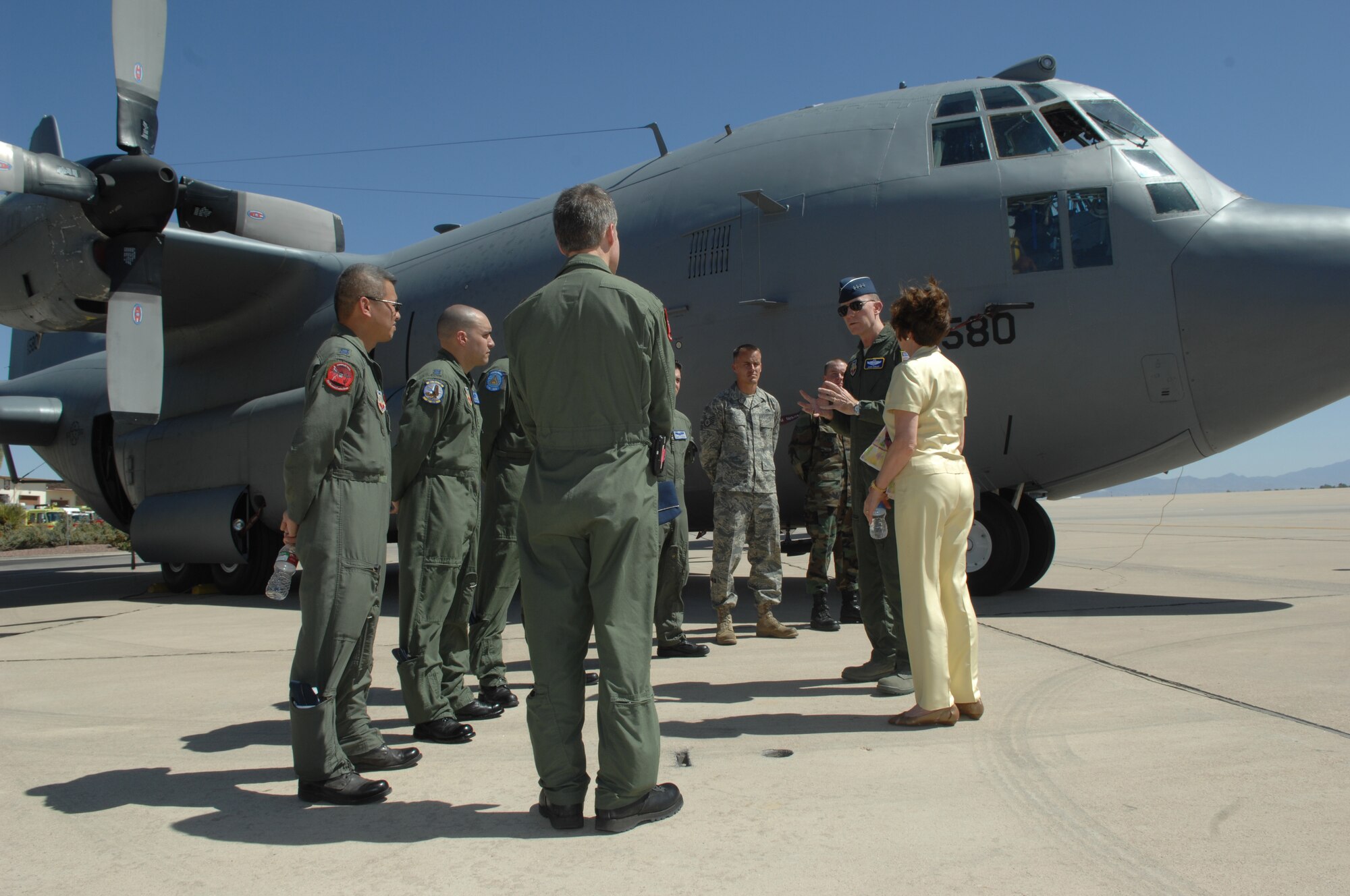 Gen. John Corley, Air Combat Command commander and Mrs. Alice Corley talk with Airmen on the flight line after a combat search and rescue demonstration here April 15.  General and Mrs. Corley toured the base and visited with Airmen from April 13-16.  (U.S. Air Force photo by Senior Airman Alesia Goosic)