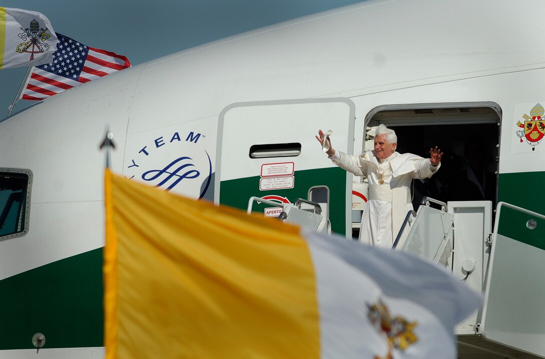 Pope Benedict XVI, hosted by the 316th Wing and the Air Force District of Washington, arrives at Andrews Air Force Base, Md., beginning his weeklong trip to the United States.  The Pontiff, selected as the 265th pope on April 19, 2005, will meet with President George W. Bush at the White House, address the presidents of Roman Catholic Colleges and Universities, and hold mass at the Nationals Park in Washing to D.C. and Yankee Stadium in New York City.  (U.S. Air Force photo by Tech Sgt. Suzanne M. Day)(Released)
