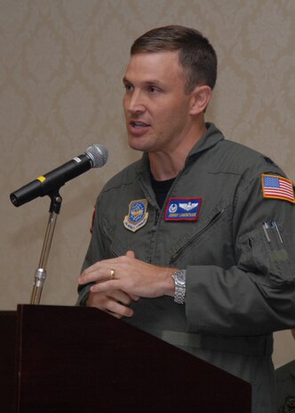 Lt. Col. Johnny Lamontagne gives a speech during the 16th Airlfit Squadron's change of command ceremony at the Charleston Club April 11. Colonel Lamontagne  replaced Lt. Col. William Anderson as the 16 AS commander. (U.S. Air Force photo/Airman 1st Class Melissa White)