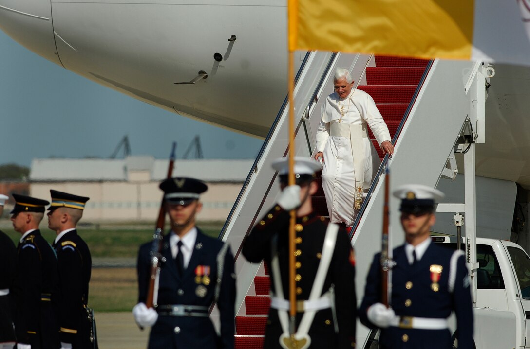 Pope Benedict XVI, hosted by the 316th Wing and the Air Force District of Washington, arrives at Andrews Air Force Base, Md., beginning his weeklong trip to the United States.  The Pontiff, selected as the 265th pope on April 19, 2005, will meet with President George W. Bush at the White House, address the presidents of Roman Catholic Colleges and Universities, and hold mass at the Nationals Park in Washing to D.C. and Yankee Stadium in New York City.  (U.S. Air Force photo by Tech Sgt. Suzanne M. Day)(Released)
