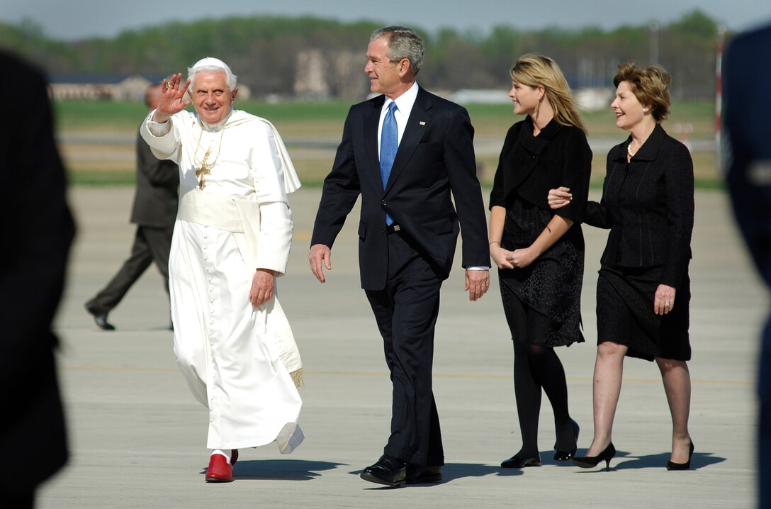 Pope Benedict XVI is greeted by President George W. Bush and Laura Bush at Andrews Air Force Base, Md., hosted by the 316th Wing and the Air Force District of Washington,  to begin his weeklong trip to the United States.  The Pontiff, selected as the 265th pope on April 19, 2005, will meet with the President at the White House, address the presidents of Roman Catholic Colleges and Universities, and hold mass at the Nationals Park in Washing to D.C. and Yankee Stadium in New York City.  (U.S. Air Force photo by Tech Sgt. Suzanne M. Day)(Released)

