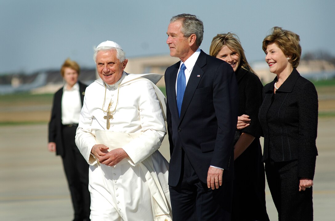 Pope Benedict XVI is greeted by President George W. Bush and Laura Bush at Andrews Air Force Base, Md., hosted by the 316th Wing and the Air Force District of Washington,  to begin his weeklong trip to the United States.  The Pontiff, selected as the 265th pope on April 19, 2005, will meet with the President at the White House, address the presidents of Roman Catholic Colleges and Universities, and hold mass at the Nationals Park in Washing to D.C. and Yankee Stadium in New York City.  (U.S. Air Force photo by Tech Sgt. Suzanne M. Day)(Released)

