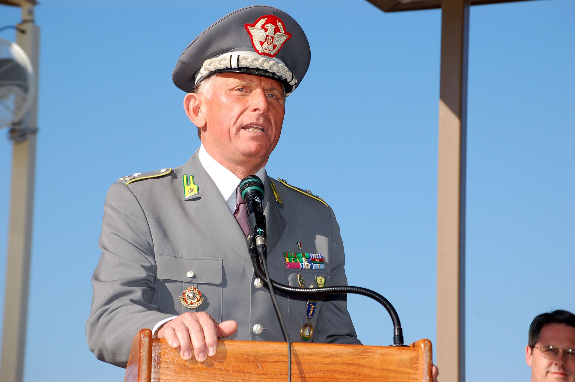 Italian Brig. Gen. Gianni Gola speaks to the crowd attending the opening ceremony of the 2008 International Military Sports Council Basketball Tournament April 14 at Lackland Air Force Base, Texas. The tournament features teams from the United States, Greece, Italy, South Korea, Canada, Latvia and Lithuania. General Gola is the president of the International Military Sports Council. (U.S. Air Force photo/Staff Sgt. Jeremy Larlee) 
