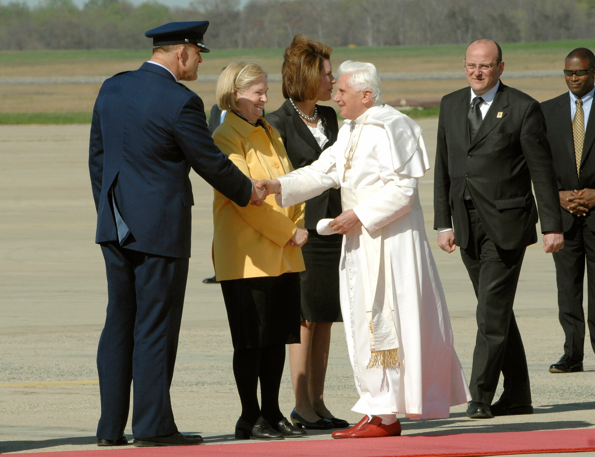 Maj. Gen. Frank Gorenc greets Pope Benedict XVI upon his arrival April 15 at Andrews Air Force Base, Md. The pope is visiting the United States for a week and will meet with President George W. Bush at the White House, address the presidents of Roman Catholic colleges and universities, and celebrate Mass at Nationals Park in Washington, D.C., and Yankee Stadium in New York City. The pontiff was selected as the 265th pope on April 19, 2005. General Gorenc is the Air Force District of Washington commander. (U.S. Air Force photo/Tech. Sgt. Craig Clapper) 
