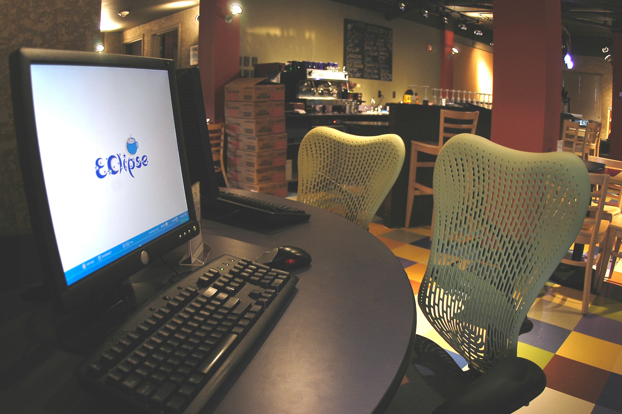 Free internet access awaits visitors to the Eclipse Cyber Café. The café continues to serve free drinks and offer dormitory residents primarily access to free internet in the convenience of the Peterson dormitory complex. (U.S. Air Force photo/Rob Bussard)