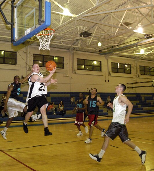 Kevin Schmehl, 436th Aerial Port Squadron, makes a back-hand lay up during an intramural basketball game against the 436th Operations Support Squadron April 10 at the Fitness Center. (U.S. Air Force photo/Airman 1st Class Shen-Chia Chu)