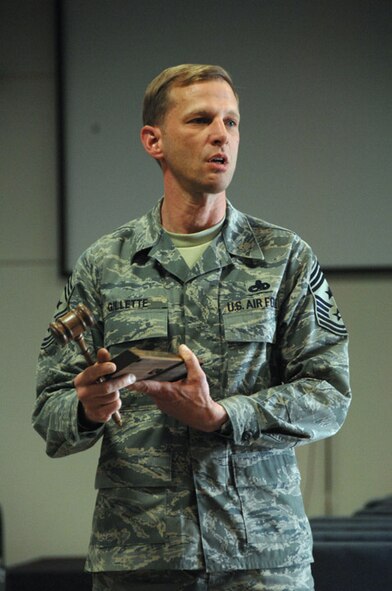 Chief Master Sgt. John Gillette, 28th Bomb Wing command chief, expresses his thanks to team Ellsworth after receiving a going-away gift at his farewell party, April 14. Chief Gillette has served the men and women of the 28th Bomb Wing since September 2006 and will continue his career as the command chief for the 305th Airlift Wing at McGuire Air Force Base, N.J. (U.S. Air Force photo/Senior Airman Anthony Sanchelli)