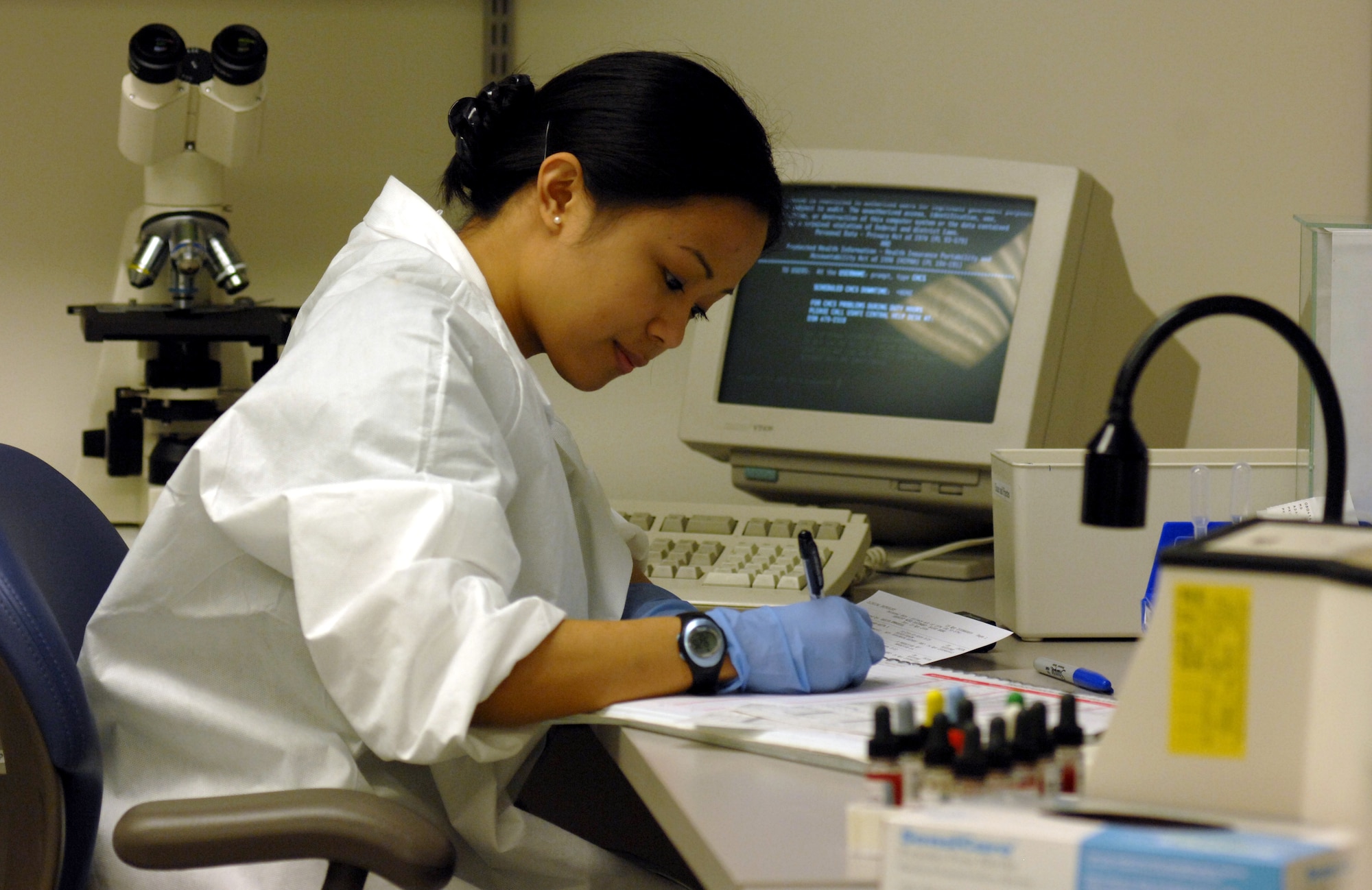 AVIANO AIR BASE, Italy --  Senior Airman Danielle Peregrino logs patient information in the medical laboratory April 15.  Keeping patient information in order and up to date allows the medical laboratory to run efficiently.  (U.S. Air Force photo/Airman 1st Class Tabitha M. Mans)
