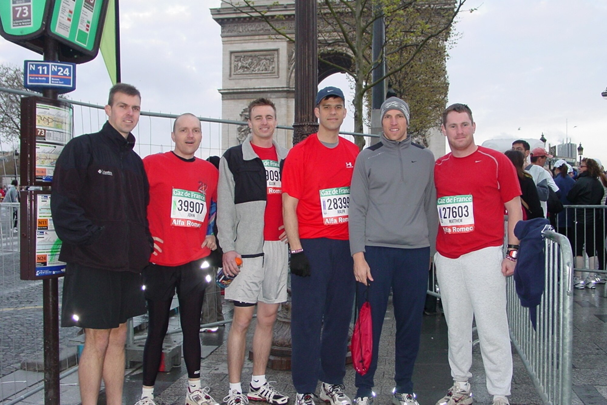 Stingers of The Big 22 fighter squadron drove to Paris and competed in the Paris Marathon April 6, 2008. The finishers are: (left to right) Capt. Trevor Merrell, Lt. Col. John Cotton, Capt. Glen Goossen, Lt. Col. Jack Waite, Capt. Shaun Loomis and Capt. Matt Acer. In unprecedented fashion, all participants from the 22 FS finished the race. The fastest time of 3 hours and 25 minutes belonged to Captain Loomis. The Big 22: Stinger Pride – Feel the Sting! (Courtesy photo)
