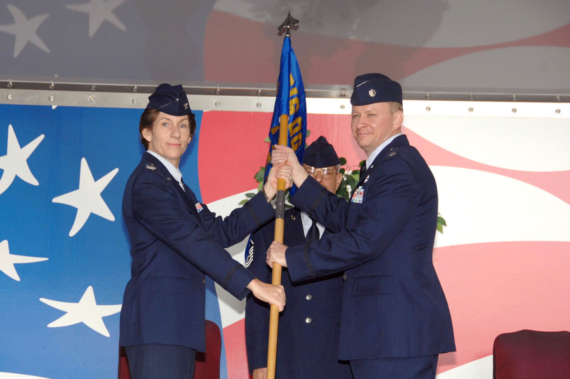 SEYMOUR JOHNSON AIR FORCE BASE, N.C. -- Lt. Col. Scheid Hodges (right) takes command of the 77th Air Refueling Squadron on April 13.  Presiding over the ceremony is Col. Caroline Evernham, 916th Operations Group commander.  U.S. Air Force photo/TSgt. Gillian M. Albro
