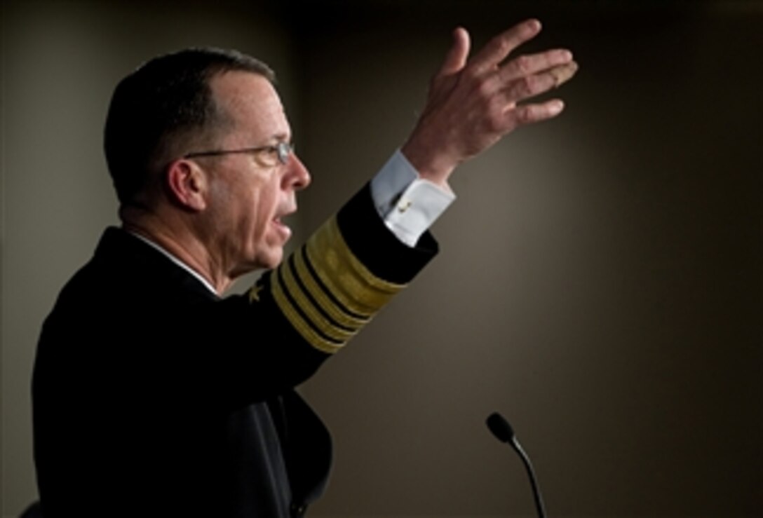 Chairman of the Joint Chiefs of Staff Adm. Mike Mullen, U.S. Navy, addresses the Heritage Foundation in Washington, D.C., on April 15, 2008.  The Heritage Foundation is an educational institute whose mission is to formulate and promote conservative public policies based on the principles of free enterprise, limited government, individual freedom, traditional American values, and a strong national defense.  