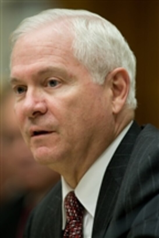 Secretary of Defense Robert M. Gates testifies before the House Armed Service Committee in Washington, D.C., on April 15, 2008.  Joining Gates is Secretary of State Condoleezza Rice and Chairman of the Joint Chiefs of Staff Adm. Mike Mullen, U.S. Navy. 