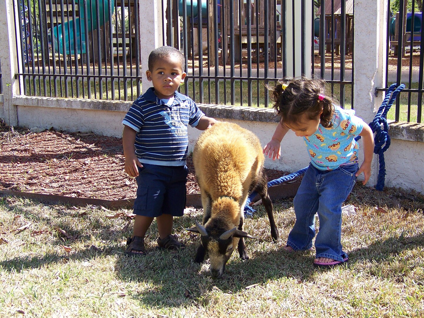 Giovoni Fleurimond (left) and Eva Mia Escobar pet a goat at the Fam-a-Ganza petting zoo. (Photo by Maggie Armstrong)