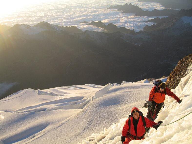 Anthony Watts and a friend climb Huayna Potosi (19,996 ft) in Bolivia. They were climbing with Alpenglow Expeditions, owned and operated by Adrian Ballinger, who taught Watts ice climbing techniques in 2002. (Photo provided)