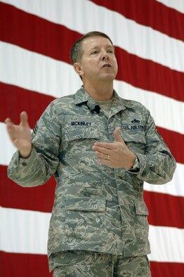 WHITEMAN AIR FORCE BASE, Mo. - Chief Master Sgt. Rodney J. McKinley. Chief Master Sergeant of the Air Force, speaks to Team Whiteman members at the 442nd Fighter Wing 5-bay hangar April 8th. The 15th CMSAF spoke about current and upcoming Air Force topics.  Chief McKinley represents the highest enlisted level of leadership, and as such, provides direction for the enlisted corps and represents their interests, as appropriate, to the American public, and to those in all levels of government. He serves as the personal adviser to the Chief of Staff and the Secretary of the Air Force on all issues regarding the welfare, readiness, morale, and proper utilization and progress of the enlisted force. Chief McKinley is the 15th chief master sergeant appointed to the highest noncommissioned officer position (U.S. Air Force photo/Senior Airman Jessica Snow)
