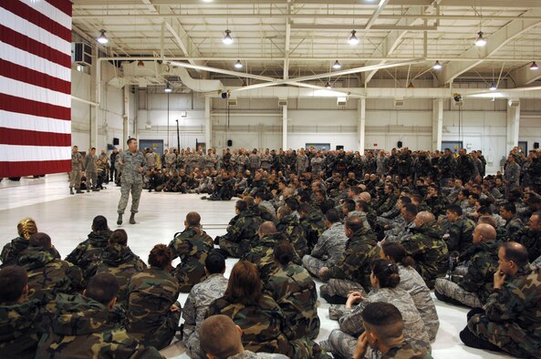 WHITEMAN AIR FORCE BASE, Mo. – Chief Master Sgt. Rodney J. McKinley. Chief Master Sergeant of the Air Force, speaks to Team Whiteman members at the 442nd Fighter Wing 5-bay hangar April 8th. Chief McKinley represents the highest enlisted level of leadership, and as such, provides direction for the enlisted corps and represents their interests, as appropriate, to the American public, and to those in all levels of government. He serves as the personal adviser to the Chief of Staff and the Secretary of the Air Force on all issues regarding the welfare, readiness, morale, and proper utilization and progress of the enlisted force. Chief McKinley is the 15th chief master sergeant appointed to the highest noncommissioned officer position. (U.S. Air Force photo/Senior Airman Jessica Snow)