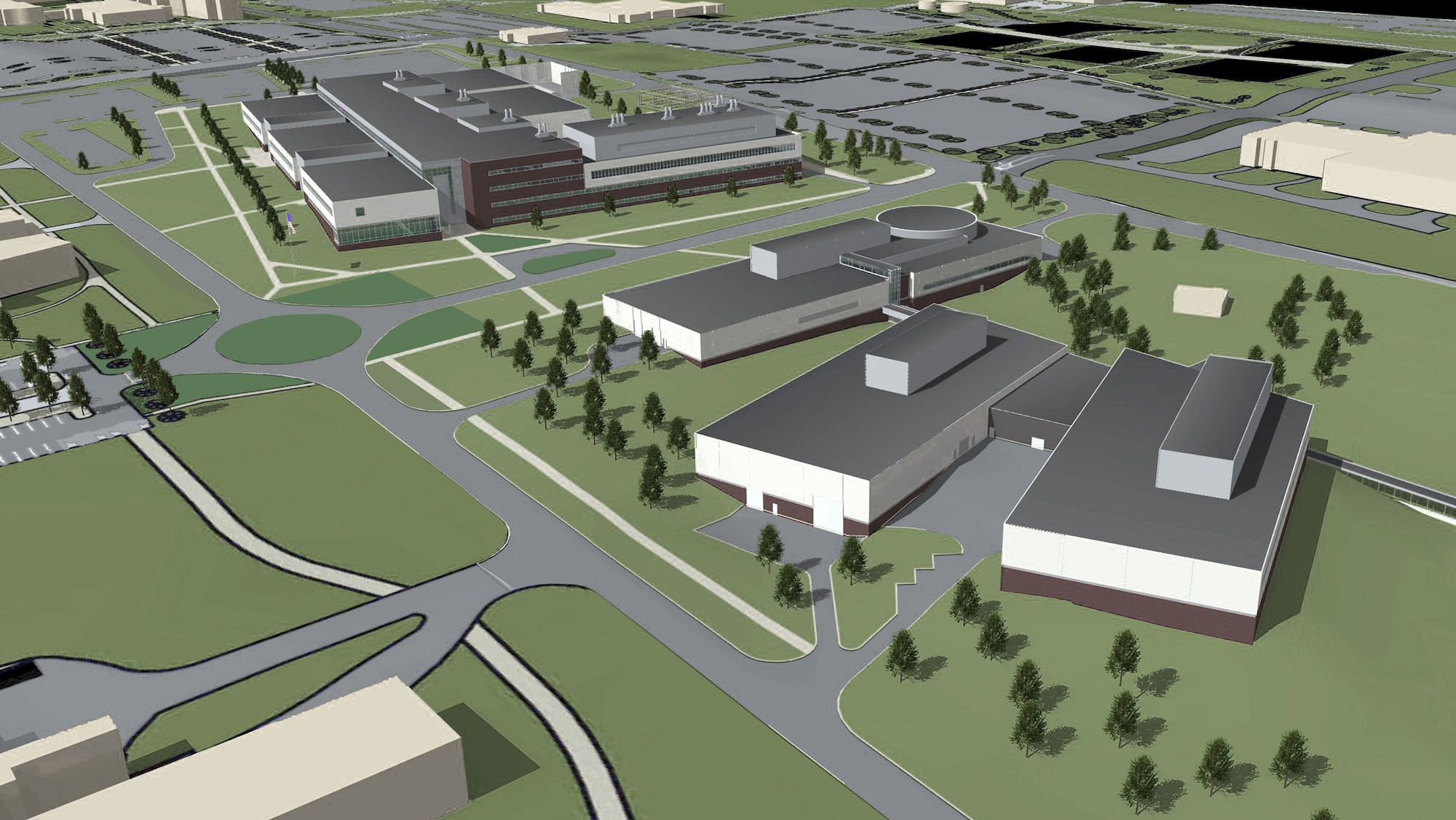 Artist conception of the 711th Human Performance Wing complex to be constructed at Wright-Patterson Air Force Base, Ohio.  The U.S. Army Corps of Engineers awarded Archer Western Contractors, LTD. / Butt Construction Company, Inc., A Joint Venture, from Chicago, the $194.5 million design-build contract. Groundbreaking is expected later this summer. (U.S. Air Force graphic by KZF/BWSC - A Joint Venture)