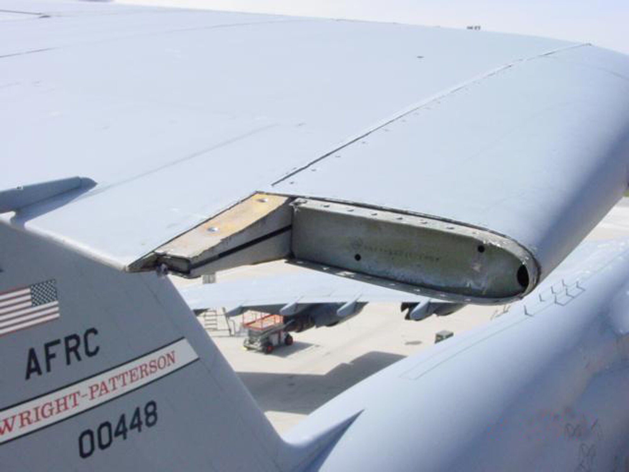 WRIGHT-PATTERSON AFB, Ohio - A 445th Airlift Wing C-5 Galaxy aircraft is being inspected in repaired after a lightning strike on March 28, 2008.  Lightning damaged the horizontal stabilizer endcap and it had to be replaced.  The lightning traversed through the tail to the aft ramp area and through the grounding cables causing damage to eight wheels and tires and to the concrete below.  The C-5 has been repaired and returned to flying status April 15, 2008.  (U.S. Air Force courtesy photo)