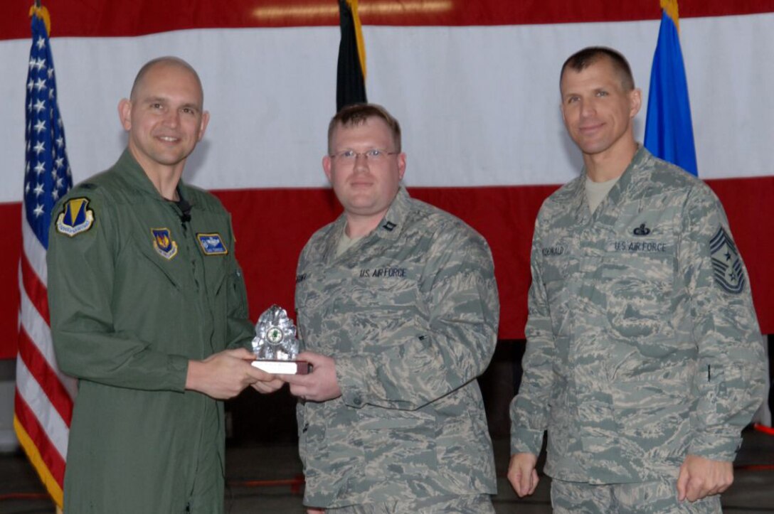 Capt. Matt Waggoner, 86th Airlift Wing Budget Office, was awarded The American Society of Military Comptrollers' "Comptroller of the Year" award April 16 by Col. Cam Torrens, 86th AW vice commander and Chief Master Sgt. Steve McDonald, 86th AW command chief.(U.S. Air Force photo by Photo by Airman 1st Class Tony Ritter)

  