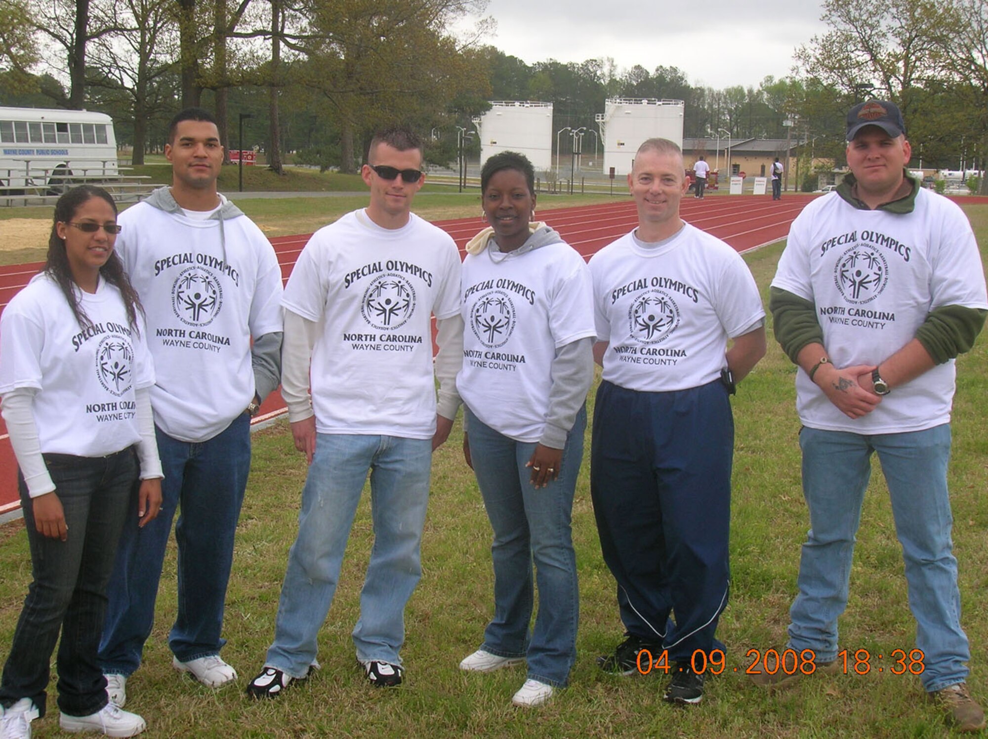 SEYMOUR JOHNSON AIR FORCE BASE, N.C. -- Reservists with the 916th Security Forces Squadron volunteered with the 2008 Special Olympics Wayne County. From left to right are: SrA Ashley Goins, SSgt. Anthony Pistella, SSgt. Adam Gaither, SrA Veronica Odom, SSgt. Stephen Jones and SSgt. Jason Holloway.