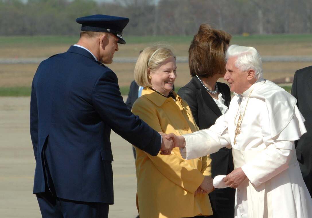 Maj Gen Frank Gorenc, Commander, Air Force District of Washington, greets Pope Benedict XVI upon his arrival at Andrews Air Force Base, Md., hosted by the 316th Wing and the Air Force District of Washington, on April 15th, 2008, beginning his weeklong trip to the United States.  The Pontiff, selected 265th pope on April 19, 2005, will meet with President George W. Bush at the White House, address the Presidents of Roman Catholic Colleges and Universities, and celebrate mass at Nationals Park in Washington D.C. and Yankee Stadium in New York City.  (U.S. Air Force photo by Tech Sgt. Craig Clapper)
