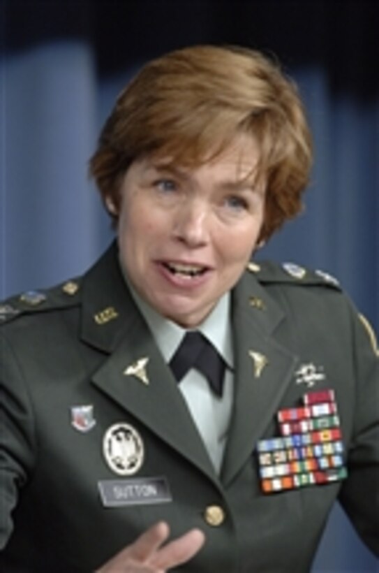 Director of the Defense Center of Excellence for Traumatic Brain Injury/Post Traumatic Stress Disorder Col. Loree K. Sutton, U.S. Army, addresses the findings and recommendations of a RAND report on brain injuries and stress disorders being suffered by combat forces in Afghanistan and Iraq during a media roundtable in the Pentagon on April 17, 2008.  
