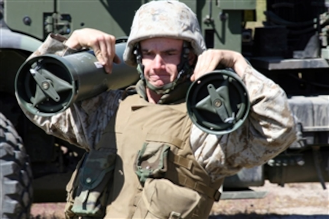 A U.S. Marine with India Battery, Battalion Landing Team, 2nd Battalion, 5th Marine Regiment, 15th Marine Expeditionary Unit carries tubes loaded with charges during a supporting arms coordination exercise at San Clemente Island, Calif., on March 13, 2008.  The exercise simulates fire between air and ground units in a combat zone.  