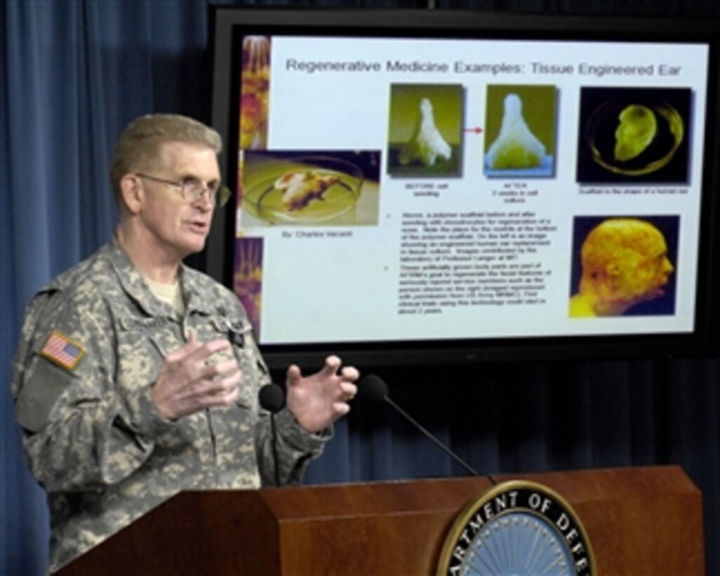 Army Surgeon General Lt. Gen. Eric Schoomaker takes questions on the formation of the Armed Forces Institute of Regenerative Medicine during a press conference in the Pentagon on April 17, 2008.  The new multi-institutional, interdisciplinary network is intended to utilize state-of-the-art stem cell technology to develop advanced treatment options for severely wounded military personnel.  
