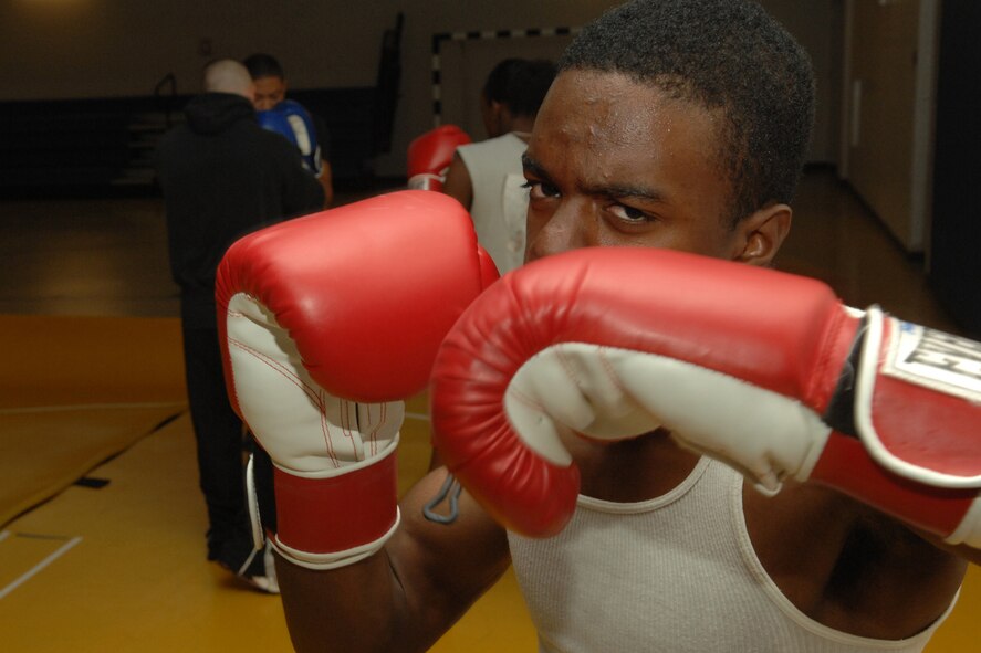 HOLLOMAN AIR FORCE BASE, N.M. -- Airman 1st Class Gabriel Lewis, 49th Security Forces Squadron, works on punching techniques during boxing practice at the Sports and Fitness Center here. (U.S. Air Force photo/Airman 1st Class Jamal D. Sutter)