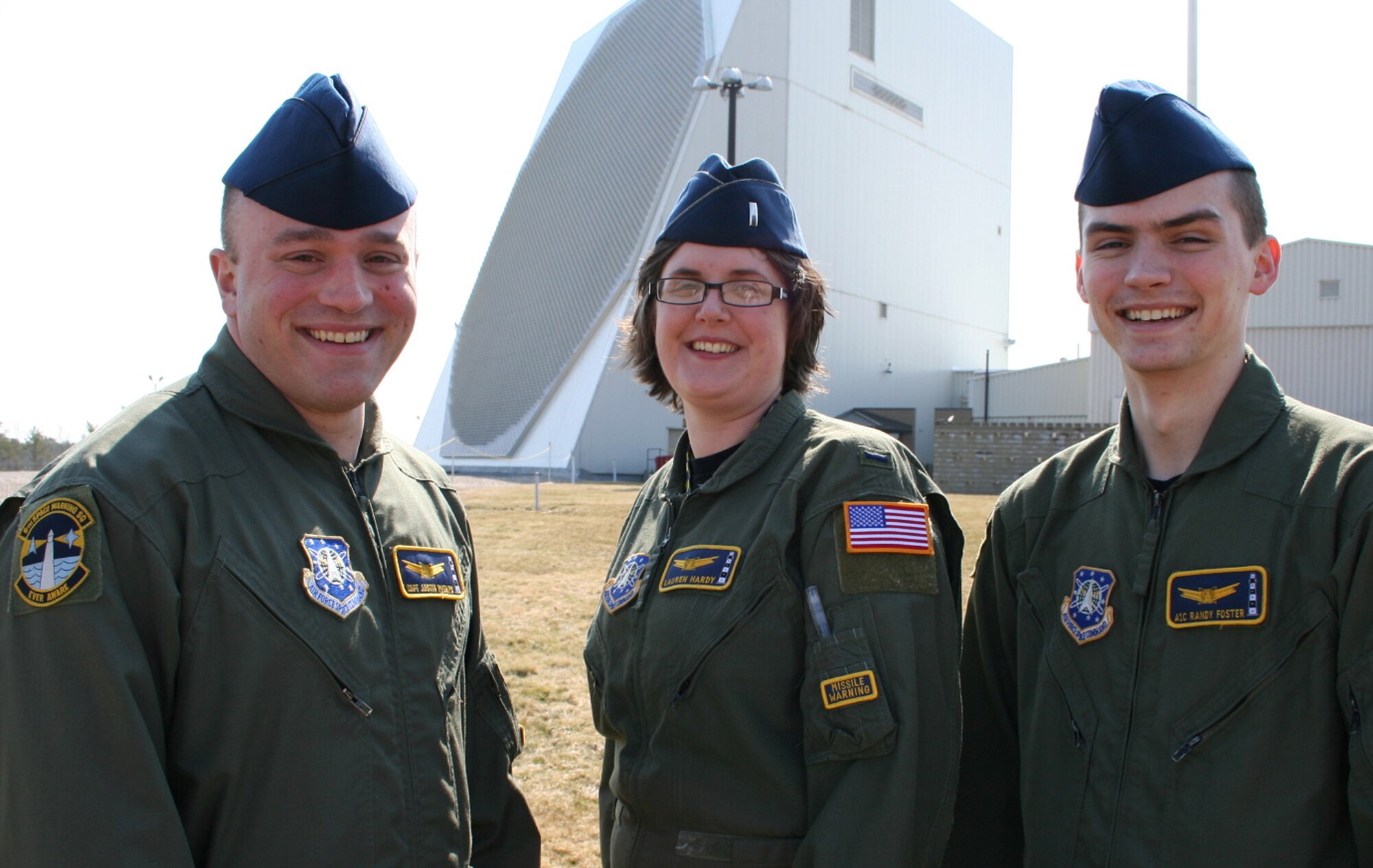 (From left to right): Staff Sgt. Justin Phelps, 1st Lt. Lauren Hardy and Airman 1st Class Randy Foster, each members of the 6th Space Warning Squadron, based at Cape Cod Air Force Station, Mass., will represent the 21st Space Wing during the 2008 Air Force Space Command Guardian Challenge competition May 7-11. During the competition, they will compete against the 50th Space Wing, based at Schriever Air Force Base, Colo., in pursuit of the Aldridge Trophy. (U.S. Air Force photo/Barbara J.S. Burnett)