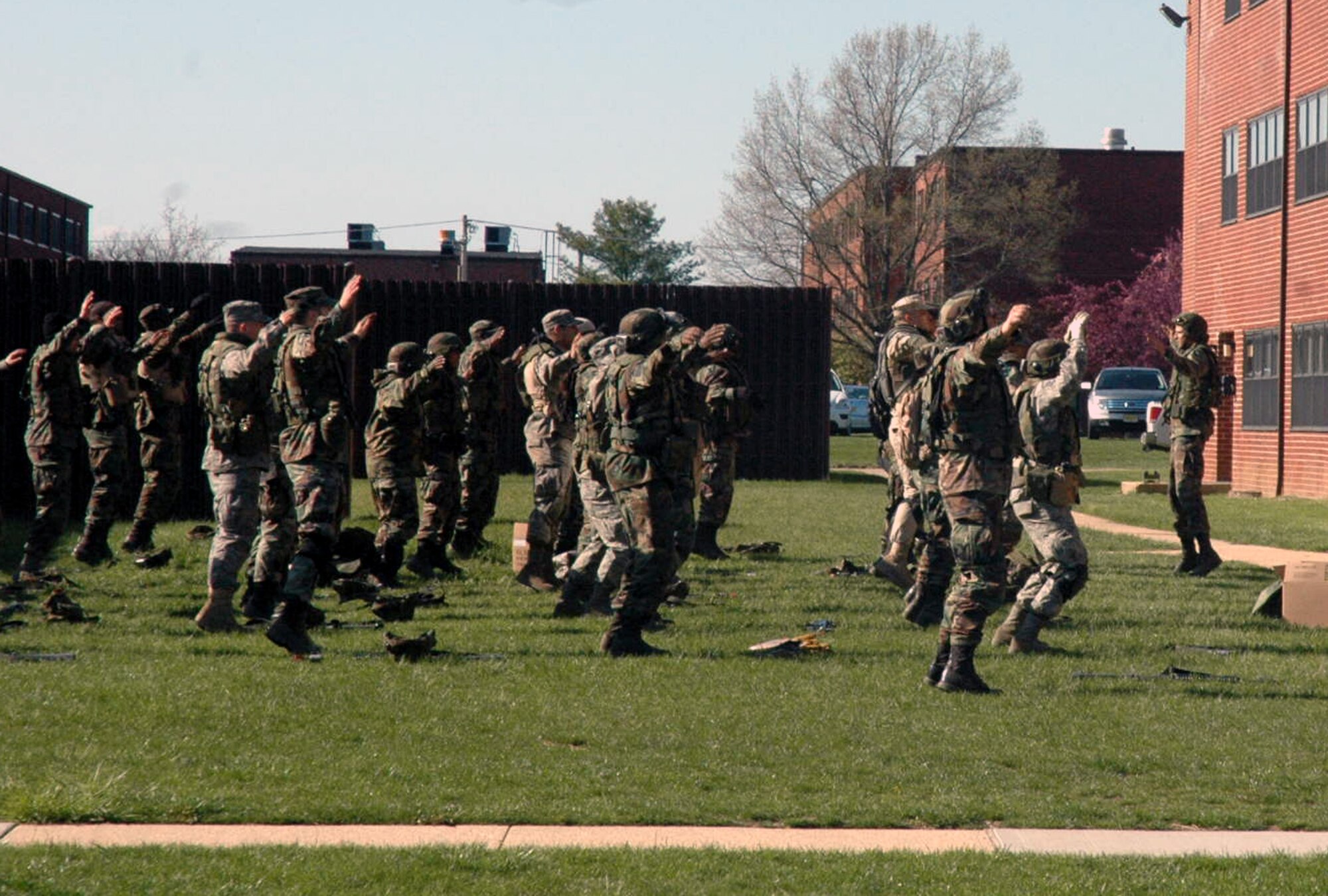 Students in the Advanced Contingency Skills Training Course 08-4 exercise as part of preparation for field training on Fort Dix, N.J., April 15, 2008.  The course, taught by the U.S. Air Force Expeditionary Center's 421st Combat Training Squadron, prepares Airmen for upcoming deployments.  (U.S. Air Force Photo/Tech. Sgt. Scott T. Sturkol)