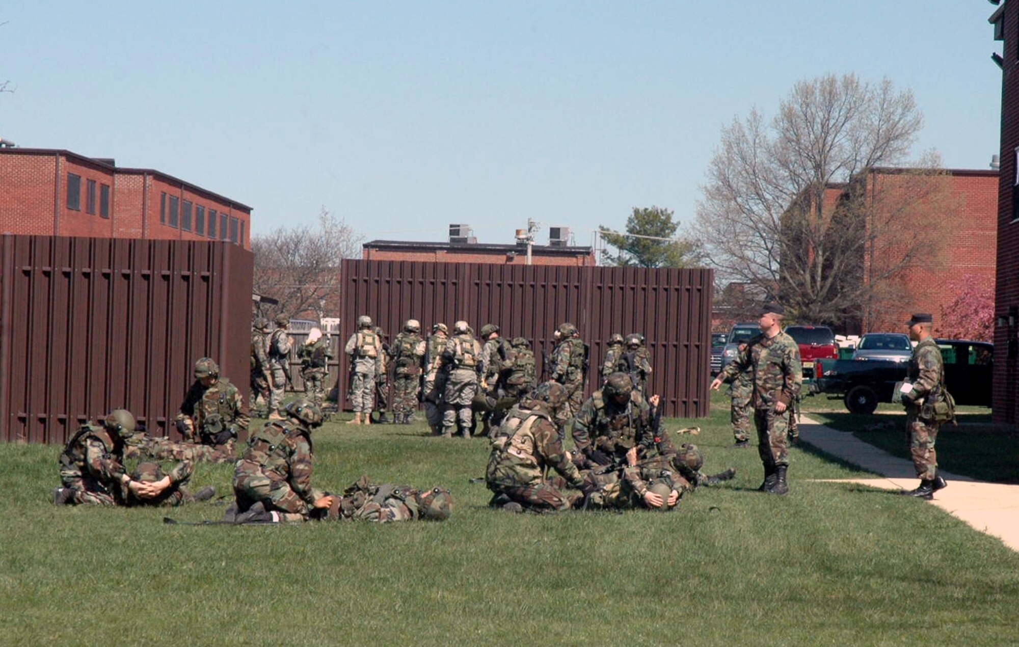 Students in the Advanced Contingency Skills Training Course 08-4 practice stations for combat first aid training during training at Fort Dix, N.J., April 15, 2008.  The course, taught by the U.S. Air Force Expeditionary Center's 421st Combat Training Squadron, prepares Airmen for upcoming deployments.  (U.S. Air Force Photo/Tech. Sgt. Scott T. Sturkol)