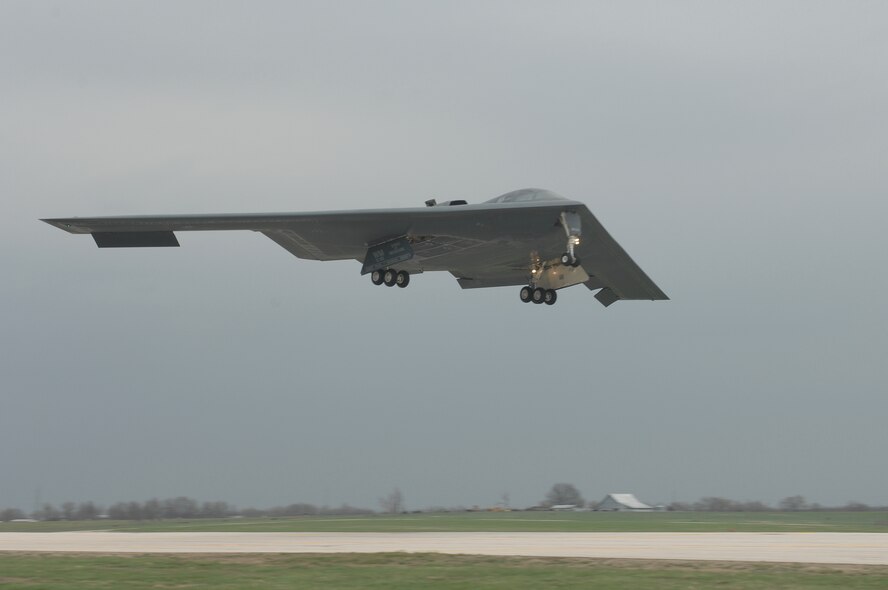 WHITEMAN AIR FORCE BASE, Mo., - The B-2 “Spirit of Missouri” flown by Maj. Matthew Calhoun, mission commander, and Capt. Jared Kennish, pilot, for a training mission Apr. 17. The B-2 returned to flying April 15 following a 53-day safety pause after the first crash Feb. 23 in Guam. (U.S. Air Force photo/Tech. Sgt. Samuel A. Park)