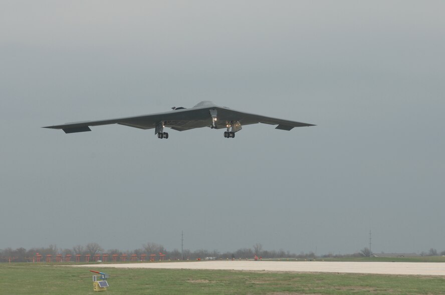WHITEMAN AIR FORCE BASE, Mo., - The B-2 “Spirit of Missouri” flown by Maj. Matthew Calhoun, mission commander, and Capt. Jared Kennish, pilot, for a training mission Apr. 17. The B-2 returned to flying April 15 following a 53-day safety pause after the first crash Feb. 23 in Guam. (U.S. Air Force photo/Tech. Sgt. Samuel A. Park)
