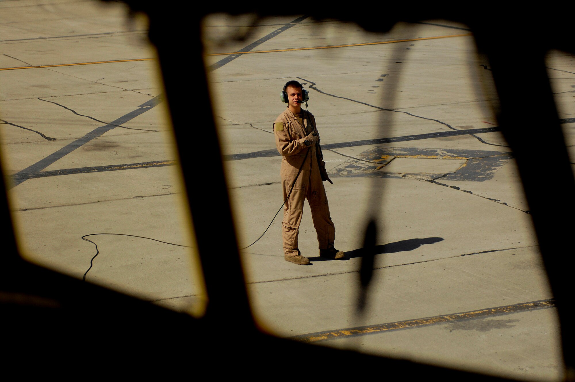 Staff Sgt. Brian Kinner monitors the engine start on a C-130 Hercules preparing for an Operation Enduring Freedom mission April 16 at Bagram Air Base, Afghanistan. Sergeant Kinner is a loadmaster assigned to the 774th Expeditionary Airlift Squadron and deployed from the 105th Airlift Squadron from Nashville, Tenn. (U.S. Air Force photo/Master Sgt. Andy Dunaway) 
