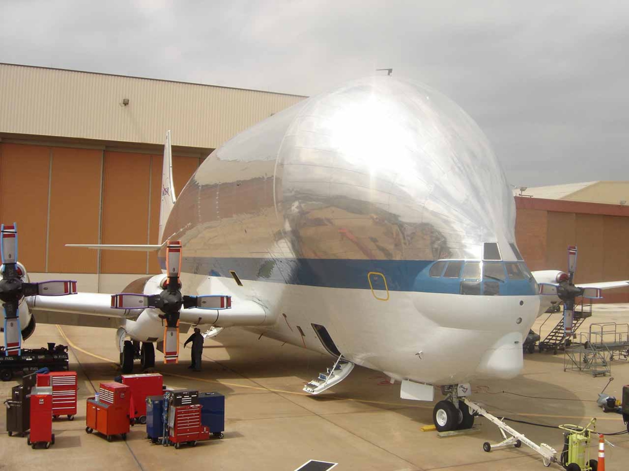 The Guppy arrived at Tinker last week for a maintenance inspection.  Unless extensive repairs are needed, the project planners hope to have the work commplete by Aug. 22.  (Air Force photo by Debra Bennett)