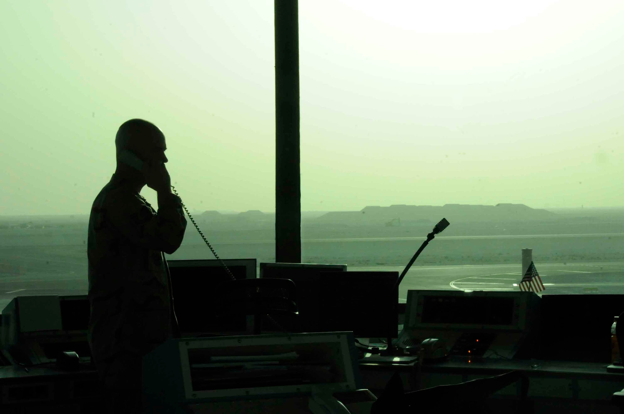 The sun sets and the night watch begins for the air traffic controllers. They ensure safe management of air traffic and maintain an accurate visual of  flightline operations.
  (U.S. Air Force photo/Senior Airman Domonique Simmons)