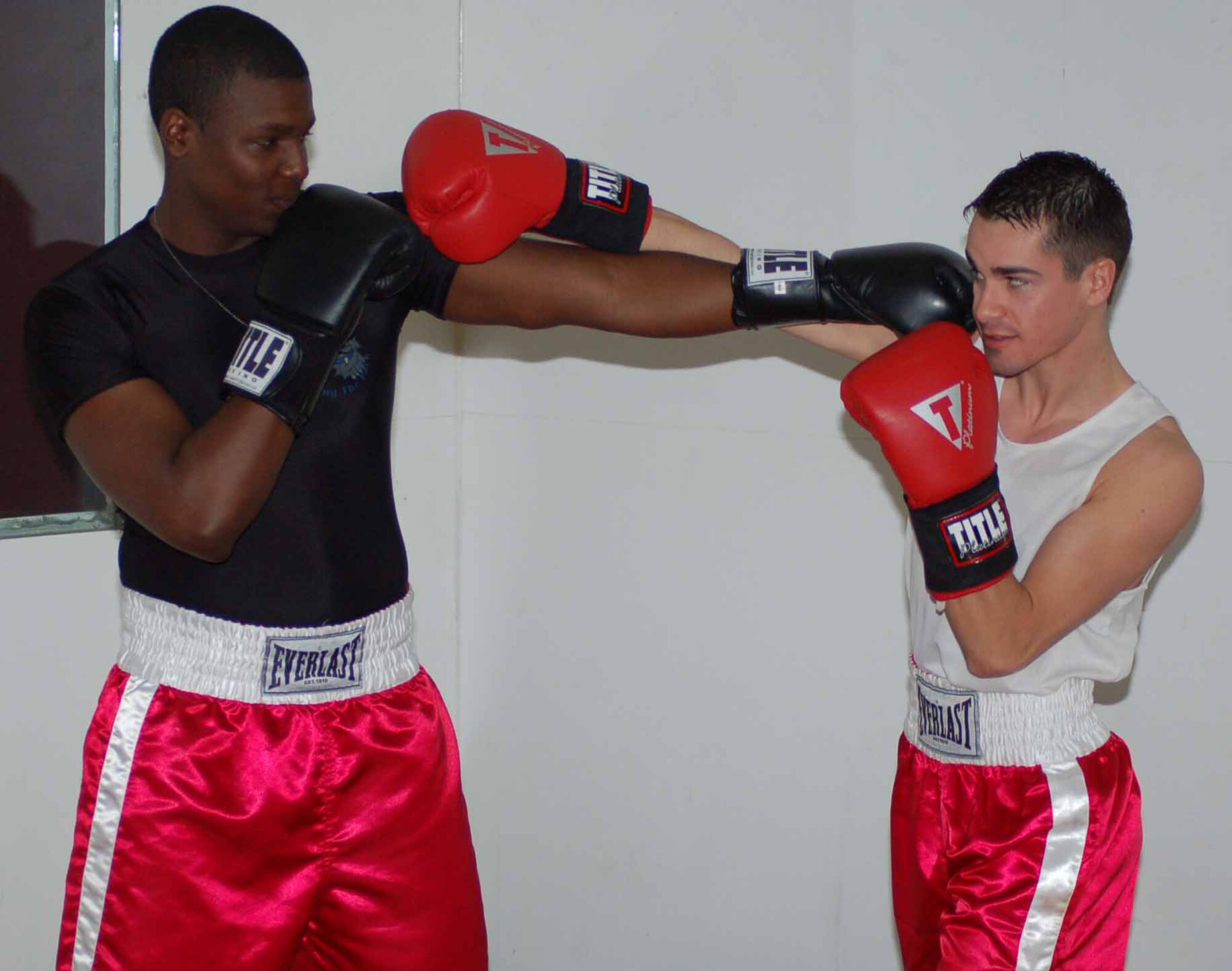 Tinker Boxing Club members Theodore Morse, left. and James Barber spar with each other at the Gerrity Fitness and Sports Center on April 4.  The two will be part of the upcoming boxing smoker, set for 7 p.m. May 2 at the Gerrity Fitness and Sports Center.  (Air Force photo by John E. Banks)