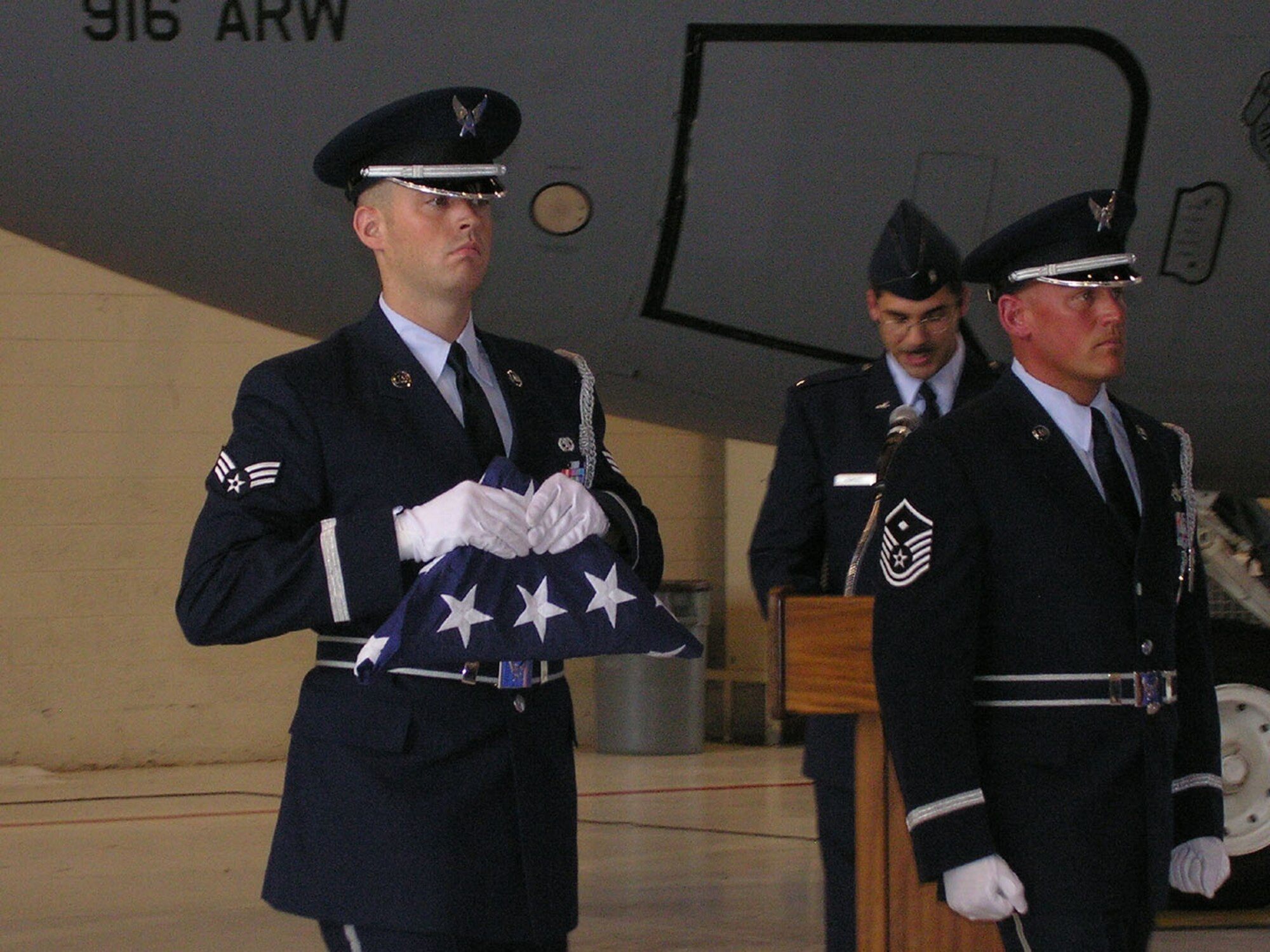 SEYMOUR JOHNSON AIR FORCE BASE, N.C. -- Members of the 916th Air Refueling Wing Honor Guard are recruiting volunteers to become new members. The Honor Guard/Color Guard supports official wing functions, as well as, community activities to include sporting events and parades. The training period is dependant upon the Reservist's availability. For more information about the program contact First Sergeant Bob Ewest in the Logistics Readiness Squadron. U.S. Air Force photo/Ms. Donna Lea