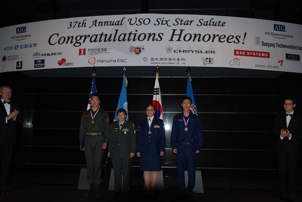SEOUL, Republic of Korea -- Airman 1st Class Jannette Meireles, 8th Security Forces Squadron town patrol member, received a $2,500 scholarship April 17 while attending the United Service Organization Six-Star-Salute banquet. (U.S. Air Force photo/Lt. Col. Rene White) 