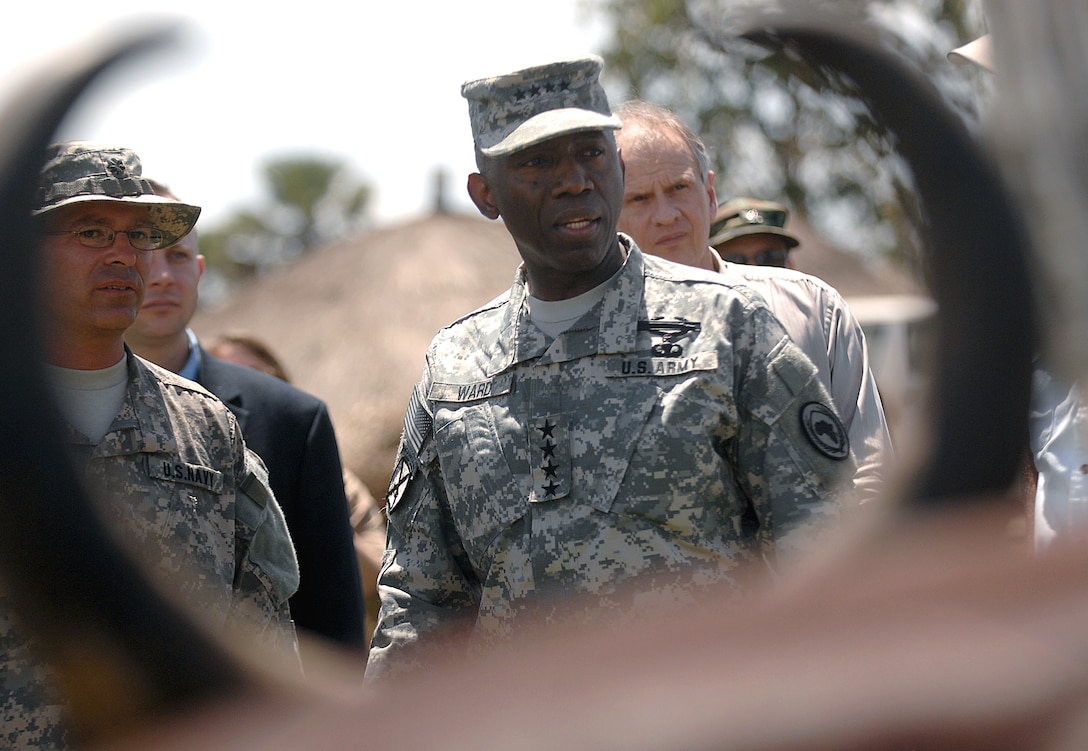 U.S. Army Gen. William E. Ward, commander of U.S. Africa Command, tours the Gulu district of Uganda, April 10, 2008. 